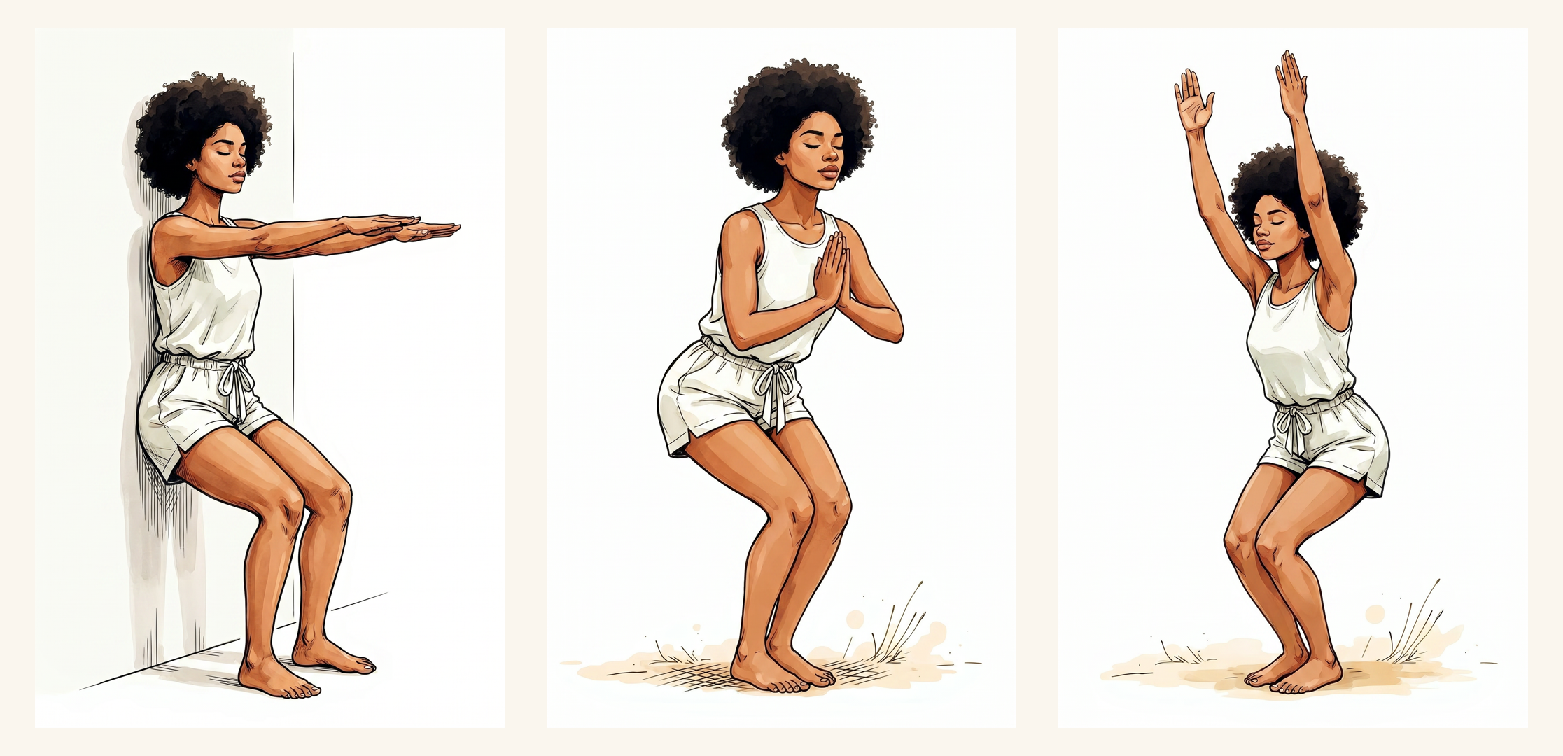 Hand-painted watercolor poses — a gentle modification ladder, from supported to full expression